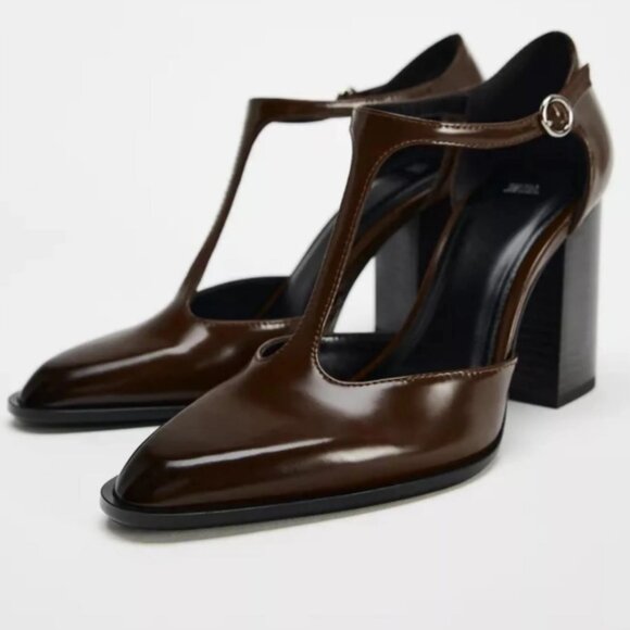 BRAND NEW Zara Brown Block Heel Mary Janes in Size 42 - Picture 1 of 6